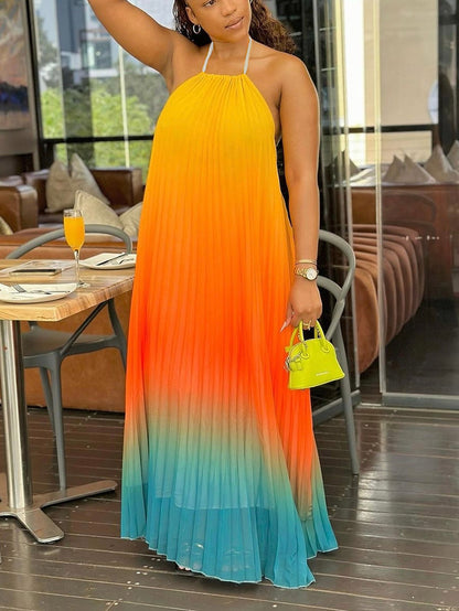 Ombre Pleated Backless Maxi Dress - ECHOINE