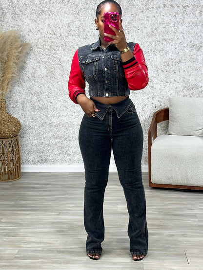 Leather Sleeve Denim Set