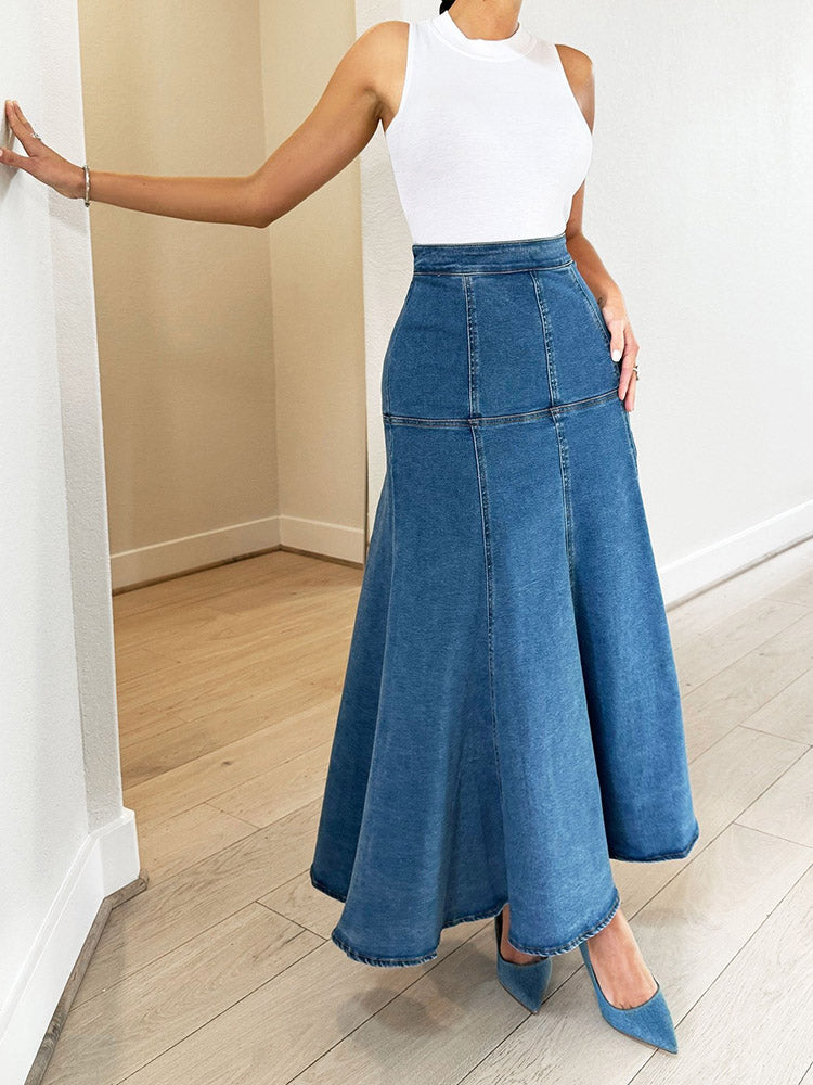 Ripple Denim Midi Skirt - ECHOINE