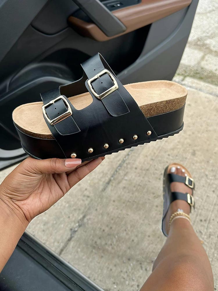 Double Buckle Strap Platform Sandals - ECHOINE