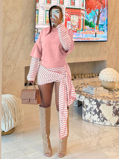 Layered Striped Top & Side-Tie Shorts Set