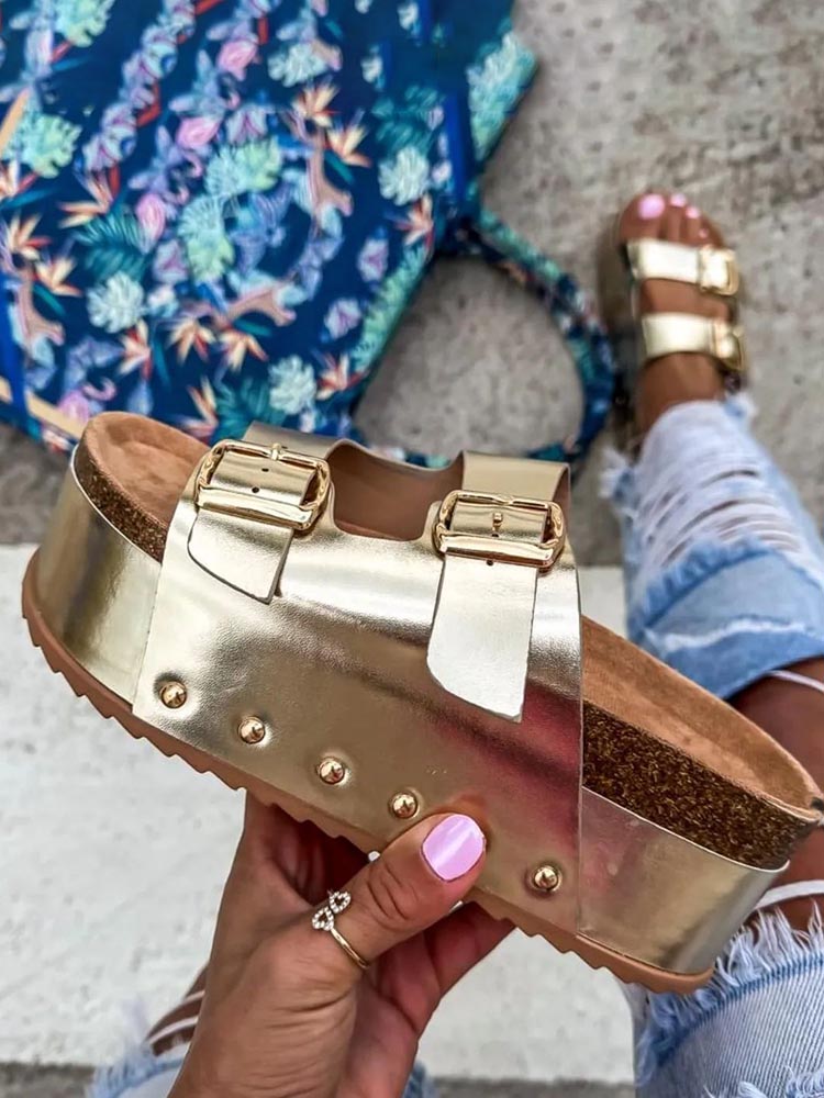 Double Buckle Strap Platform Sandals - ECHOINE