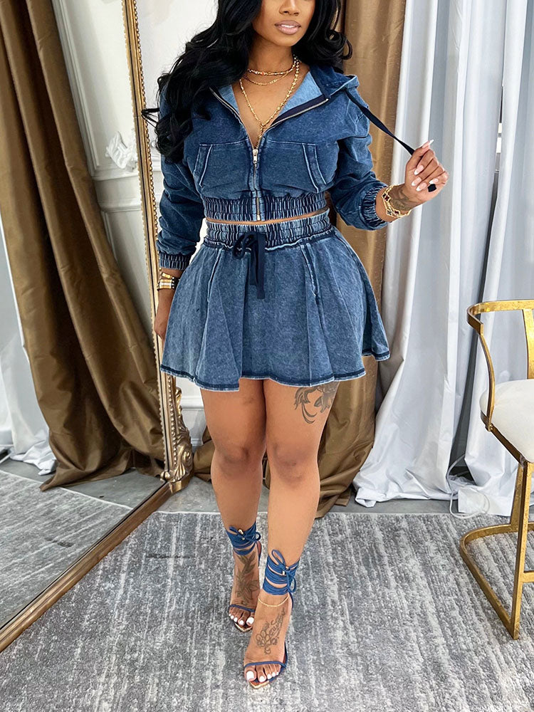 Washed Denim Cropped Jacket & Mini Skirt Set