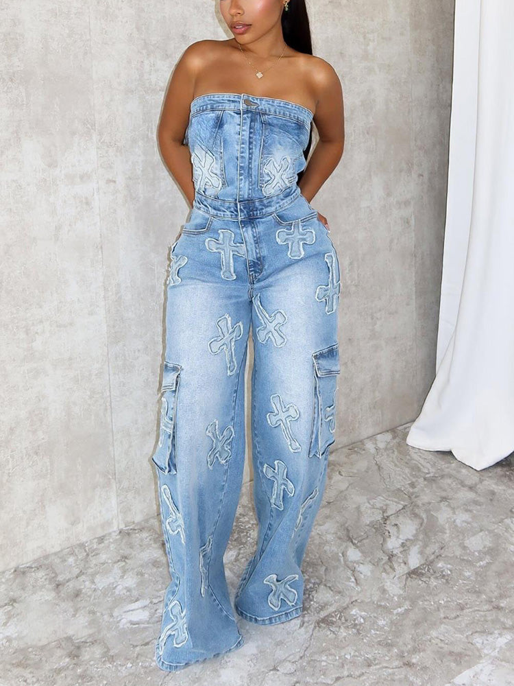 Cross Strapless Denim Jumpsuit