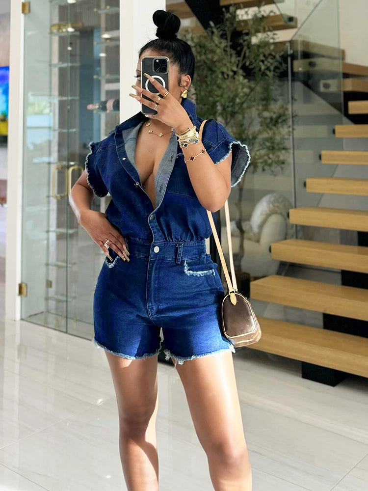 Raw Edge Denim Romper