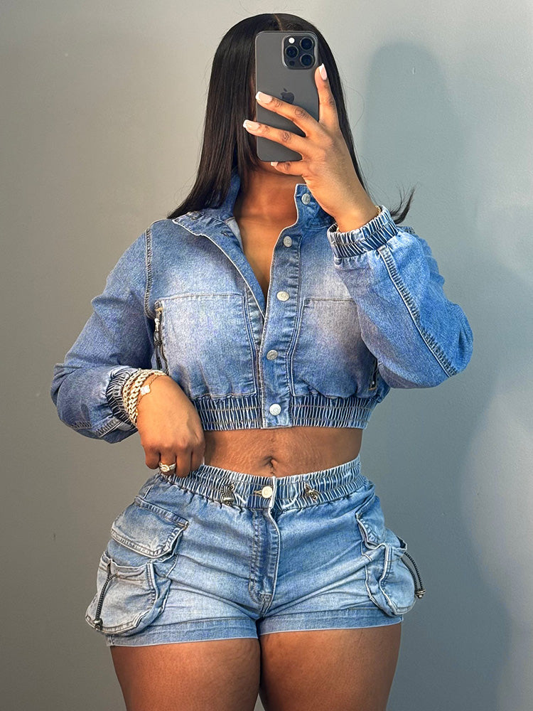 Denim Crop Jacket & Cargo Shorts Set