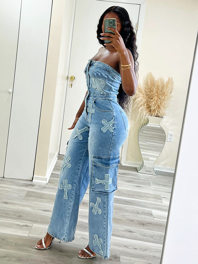 Cross Strapless Denim Jumpsuit