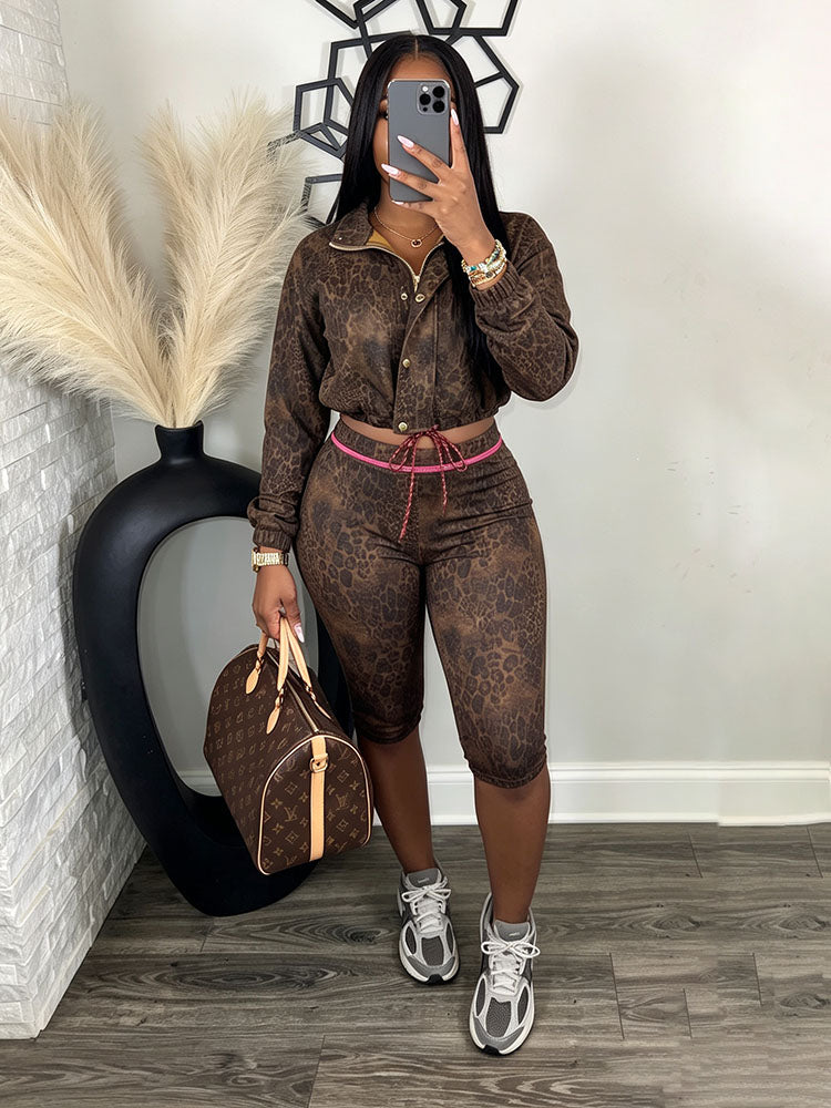 Leopard Cropped Jacket & Capri Shorts Set