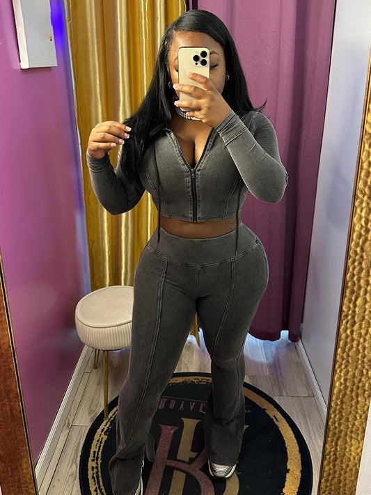 Washed Hoodie and Flare Pants Set - ECHOINE