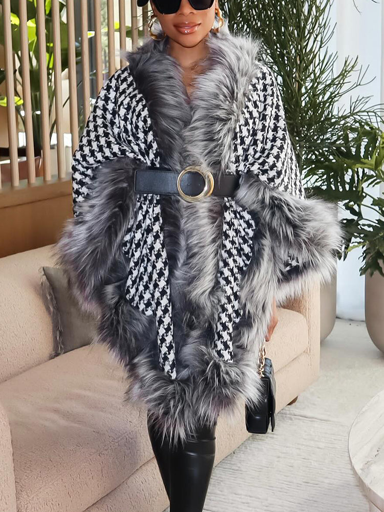 Houndstooth Faux Fur Trim Shawl