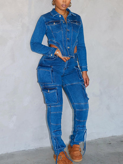 Denim Asymmetrical Jacket & Cargo Jeans Set