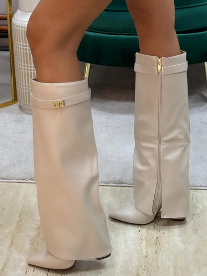 Fold Chunky Heel Knee High Boots