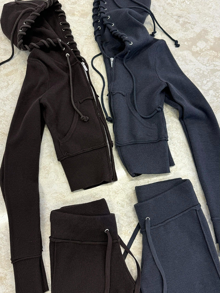 Contrast Lacing Hood & Flare Pants Set