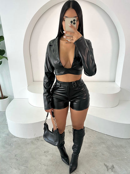 Leather Wrap Jacket Short Set