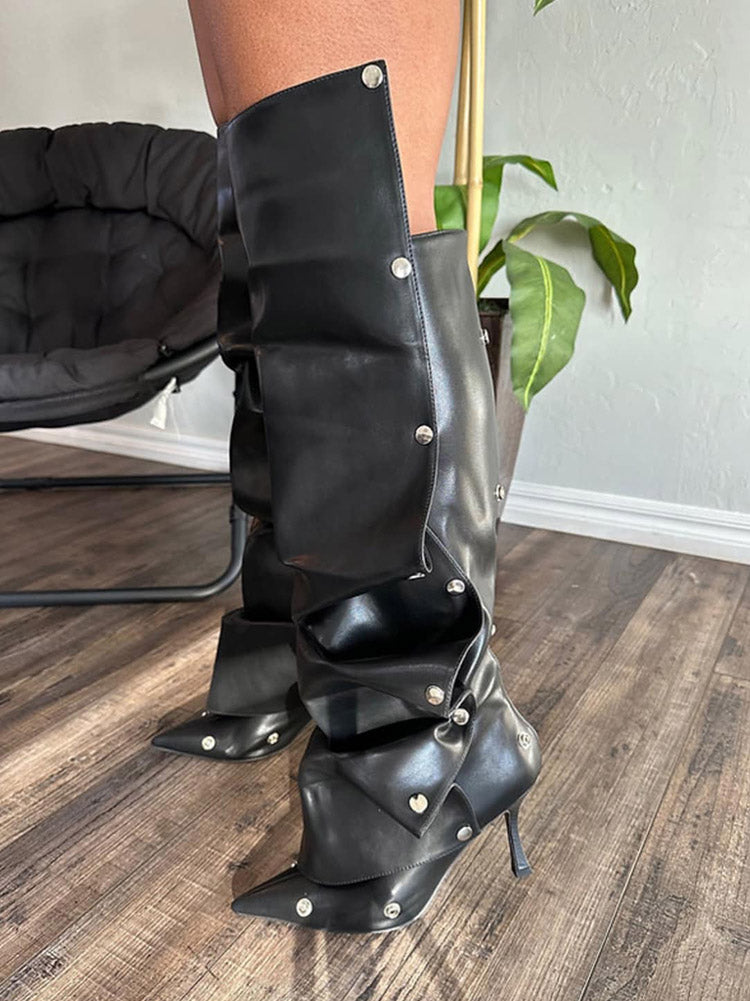 Leather Press Stud Knee-High Boots