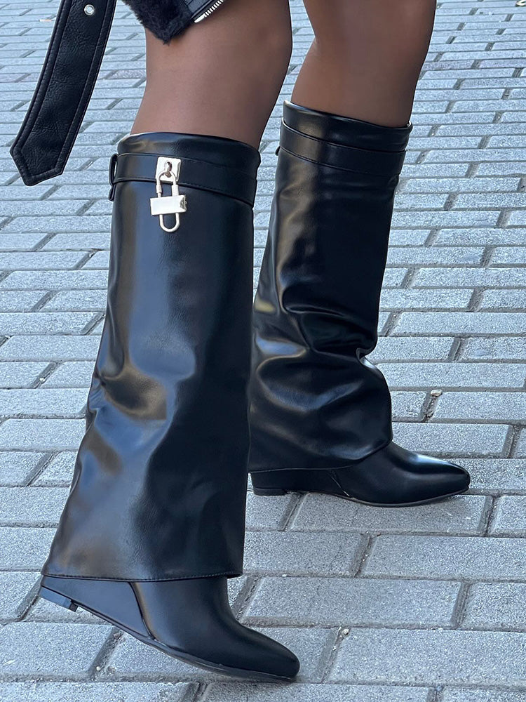 Lock & Key Leather Wedge Heel Boots