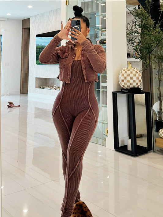 Washed Cropped Jacket  & Jumpsuit Set - ECHOINE