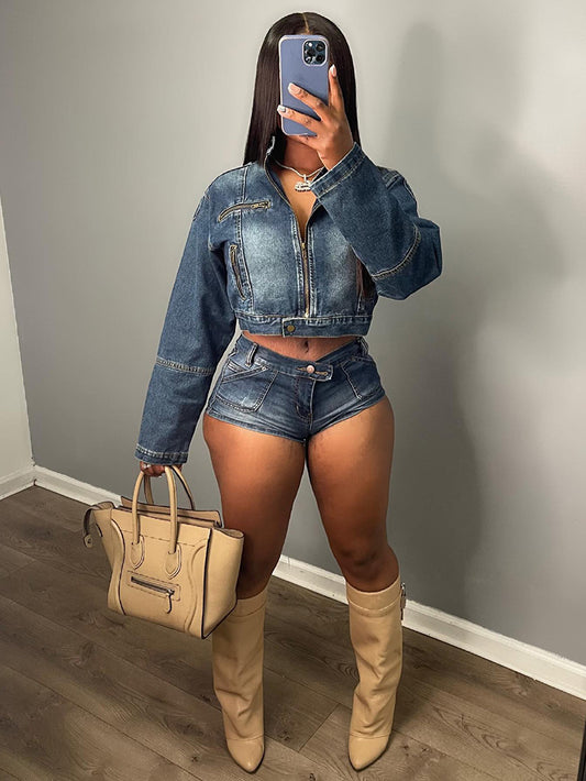 Denim Crop Jacket & Shorts Set