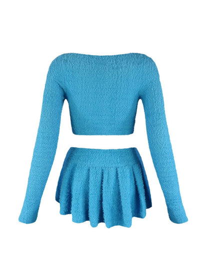 Fuzzy Cardigan Top & Skirt Set