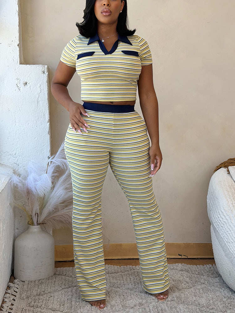 Stripe Ribbed Polo & Pants Set