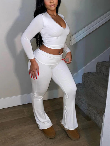 Contrast Lace Crop Top & Flare Pants Lounge Set