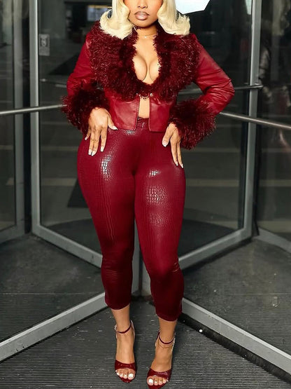 Faux Fur Trim Leather Jacket & Croc-Embossed Pants