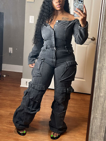 Off Shoulder Denim Cargo Jumpsuit