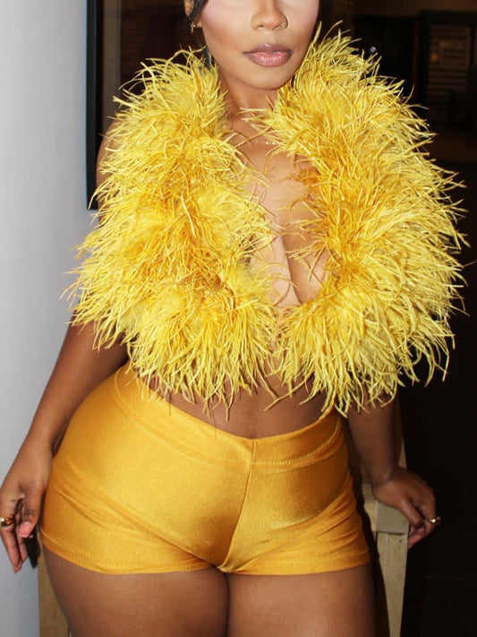 Ensemble haut à plumes et short en satin