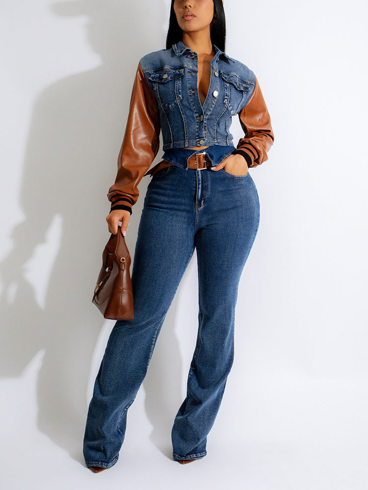 Leather Sleeve Denim Set