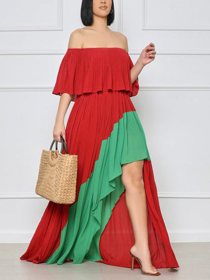 Off Shoulder Ruffle Pleated Dress - ECHOINE