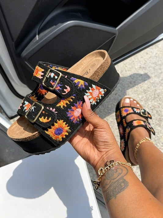 Crochet Strap Cork Platform Sandals