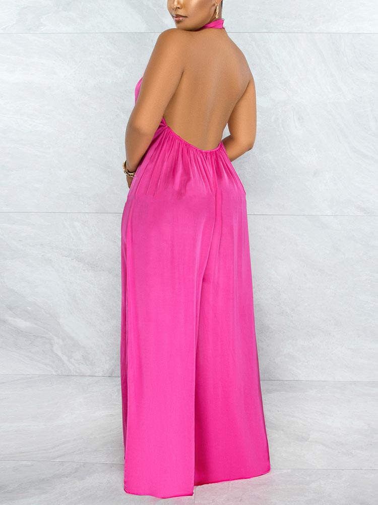 Satin Backless Halter Jumpsuit - ECHOINE