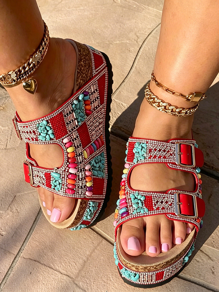 Boho Beaded Double Strap Platform Sandals