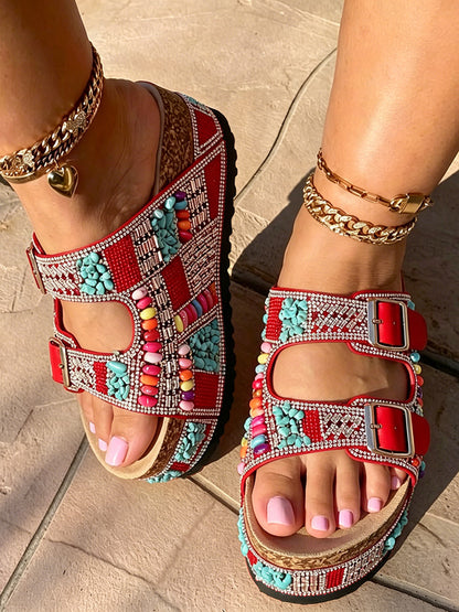 Boho Beaded Double Strap Platform Sandals