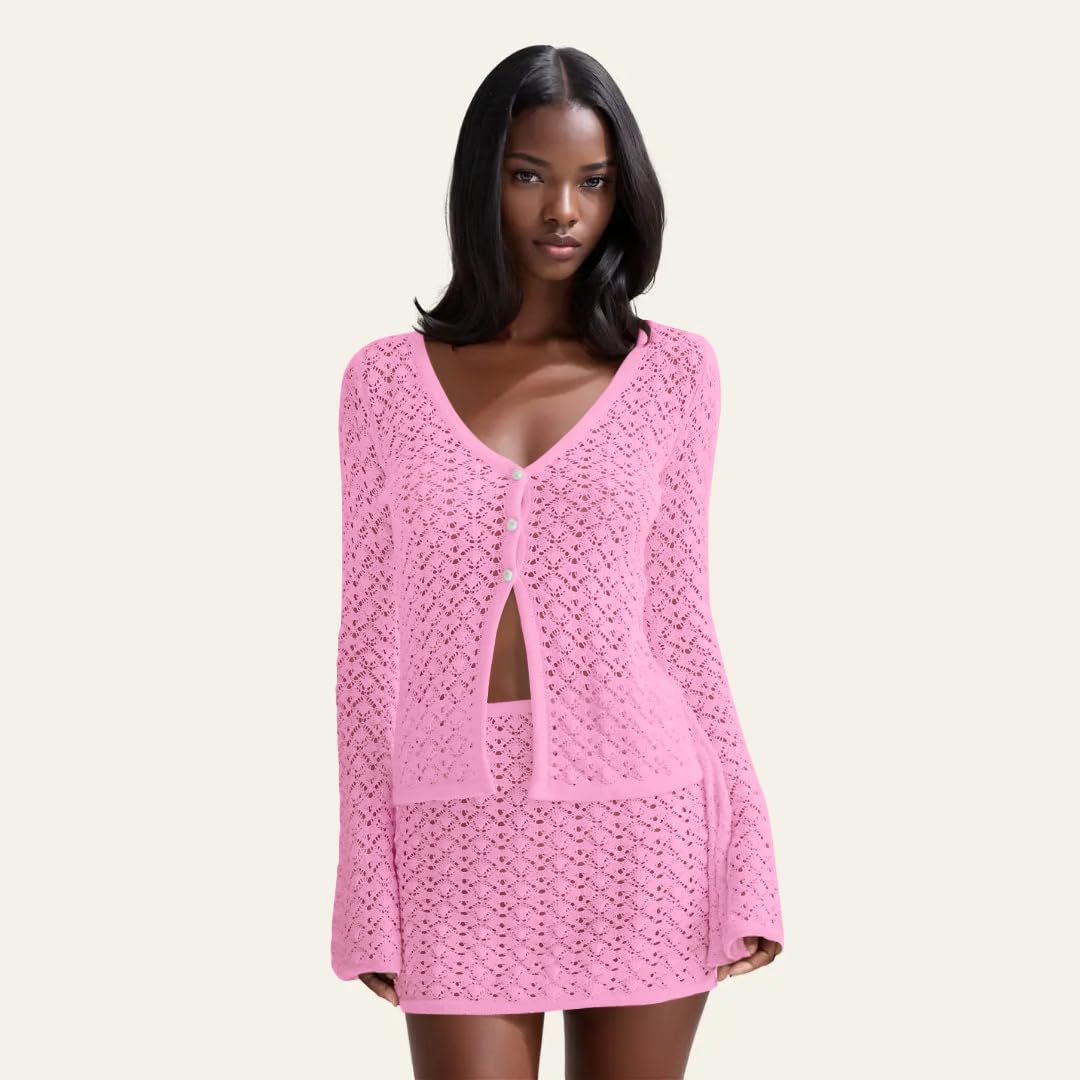 Crochet Knit Top Skirt Set