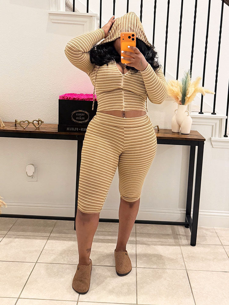 Striped Ribbed Hoodie & Capri Leggings Set