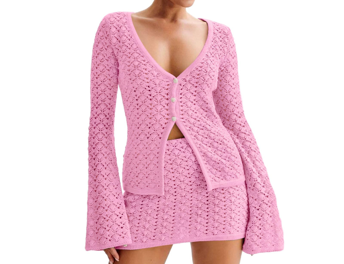Crochet Knit Top Skirt Set
