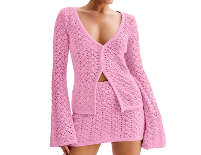 Crochet Knit Top Skirt Set