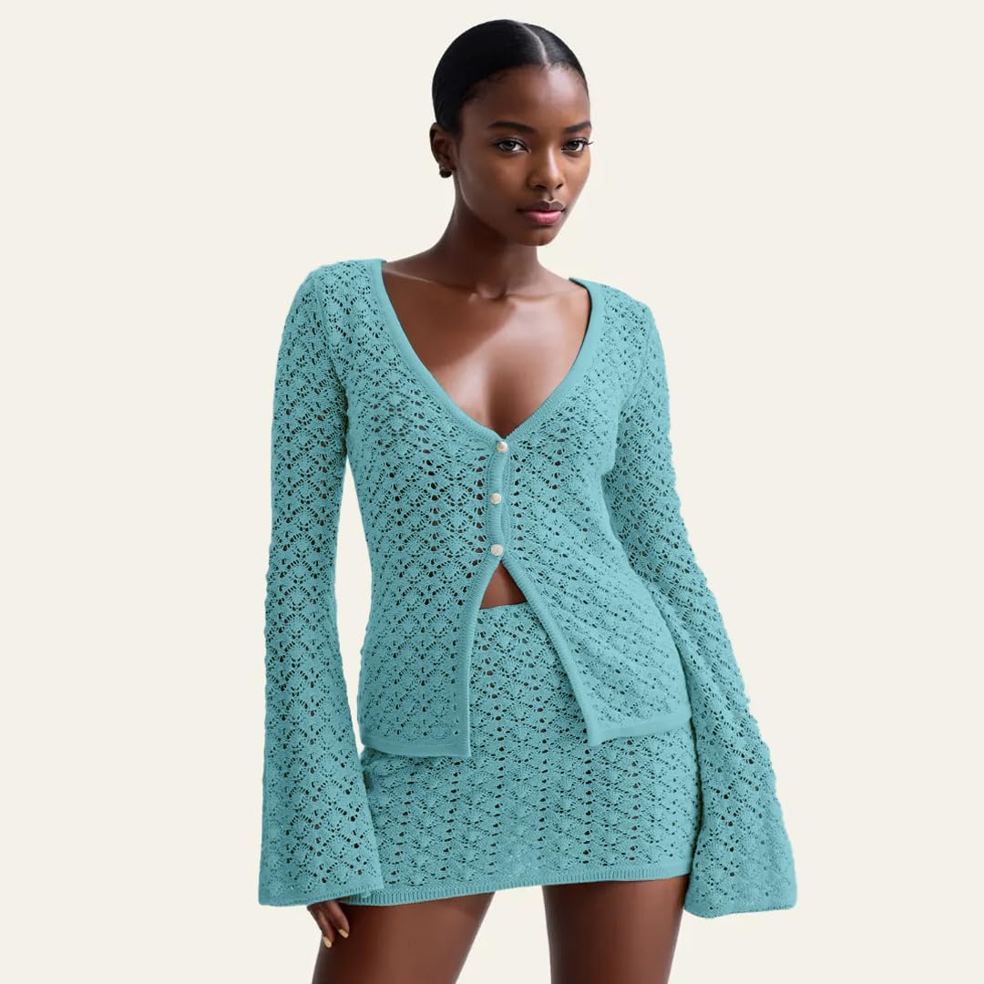 Crochet Knit Top Skirt Set