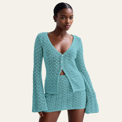 Crochet Knit Top Skirt Set