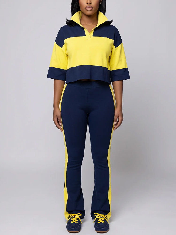 Colorblock Cropped Polo Top & Flare Leggings Set