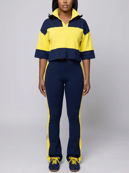 Colorblock Cropped Polo Top & Flare Leggings Set