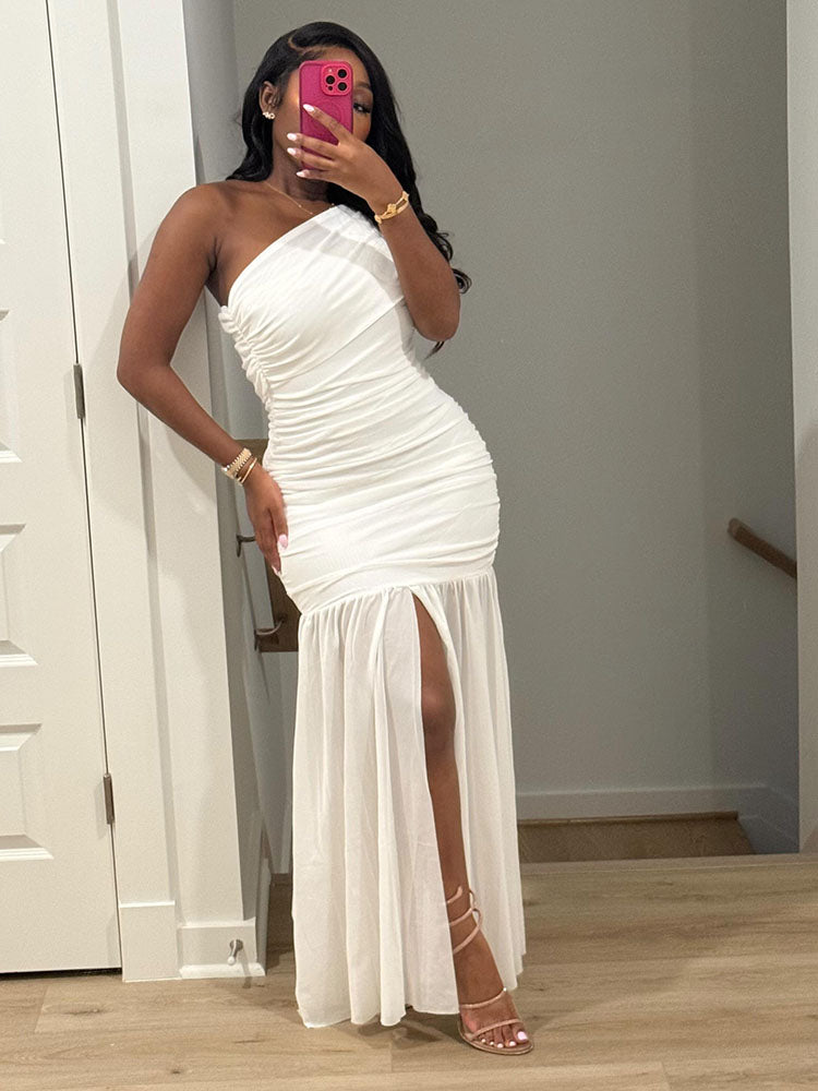 One Shoulder Mesh Ruched Dress