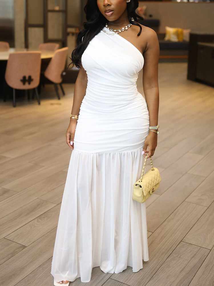 One Shoulder Mesh Ruched Dress
