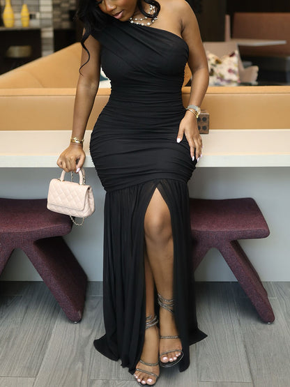 One Shoulder Mesh Ruched Dress