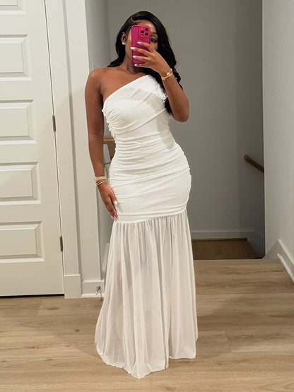 One Shoulder Mesh Ruched Dress