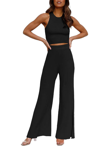 Ribbed Crop Top Split Pants