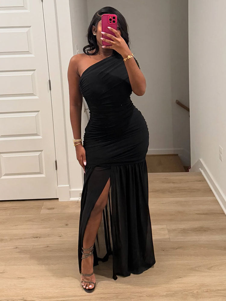 One Shoulder Mesh Ruched Dress