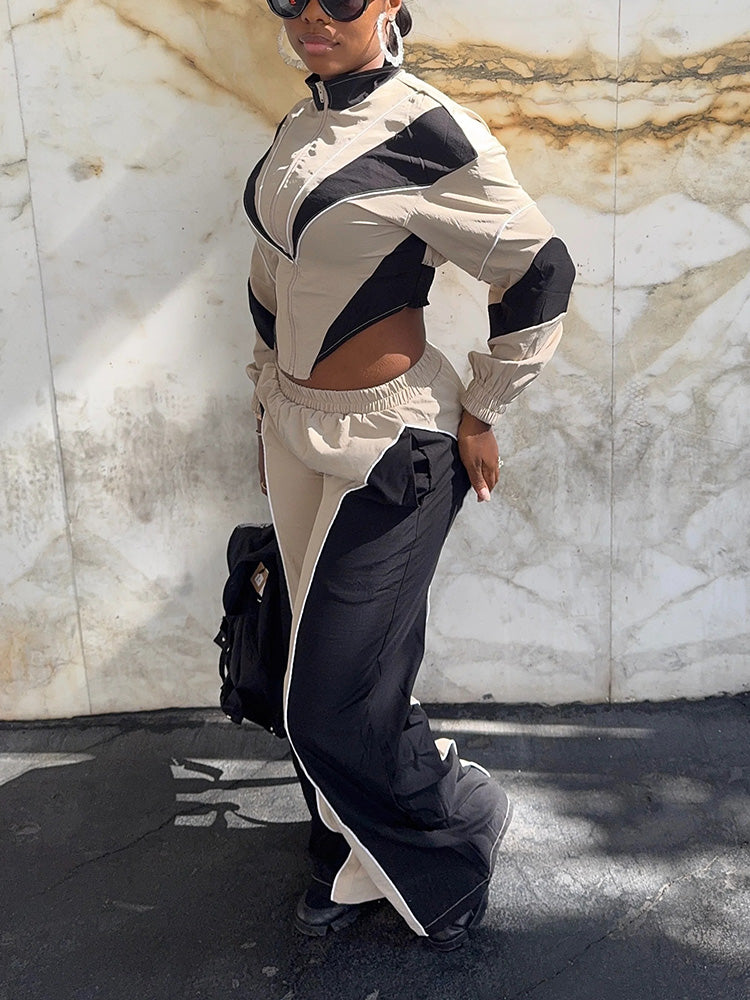 Colorblock Cropped Jacket & Track Pant Set