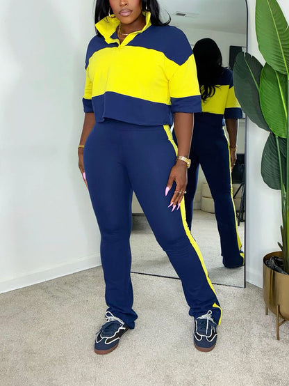 Colorblock Cropped Polo Top & Flare Leggings Set